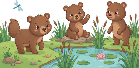Cute cartoon bear cubs playing by forest pond with reeds lily pads and dragonfly vector illustration © Sariful