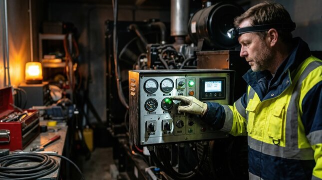 Power outage response team member inspecting backup generator controls in sharp detail with a softly blurred emergency light and tools in the background.