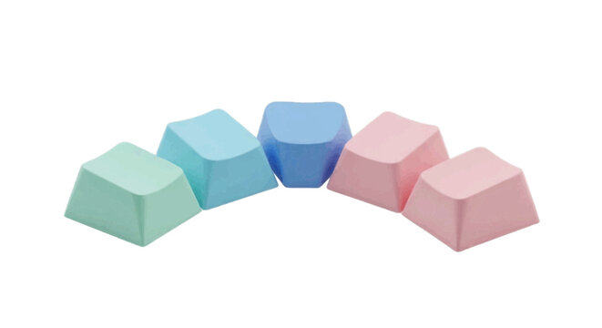 Vector illustration&nbsp;of set of five colorful blank mechanical keyboard keycaps on a transparent background
