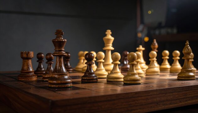 Polished wooden chess pieces set in a strategic formation on a dark walnut board, illustrating intellectual competition and deep tactical planning during a high stakes tournament match.