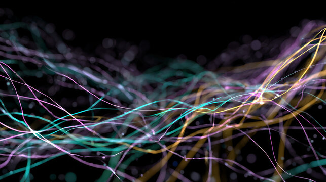 "Abstract modern background, colorful wire threads forming subtle patterns, minimal design, dark/light contrast, high detail