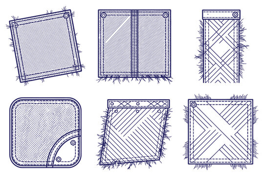 Set of six denim jean pockets with different stitching and designs, realistic texture illustration.