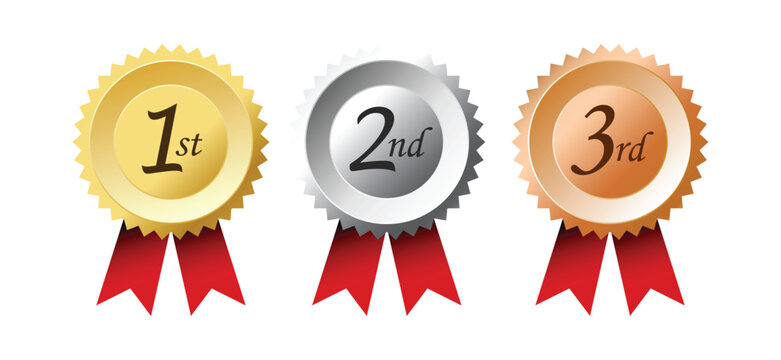 Gold Silver Bronze First Second Third Medals Winner Badges Achievement Labels Set Red Ribbon