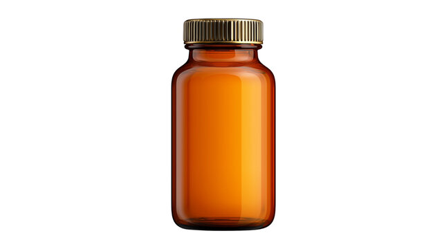 A sleek, empty amber glass bottle with a dark metallic screw cap stands upright on a deep black background.