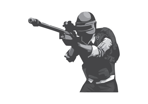 PUBG Sniper Shooter Mascot Vector Illustration: Military Soldier with AWM Rifle and Level 3 Helmet Silhouette for Esports, Gaming Team Logo, and Streamer Banner Design