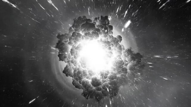 Epic Black and White Space Explosion Reveals Shockwave of Nuclear Devastation amidst Cosmic Stars and Universe