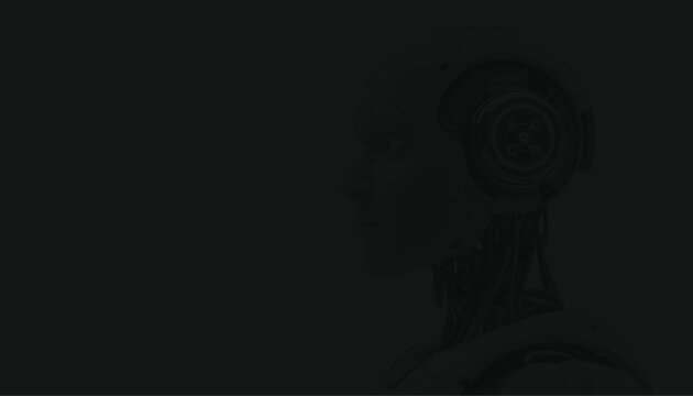 Android head profile appears as a sophisticated digital silhouette against a dark background.