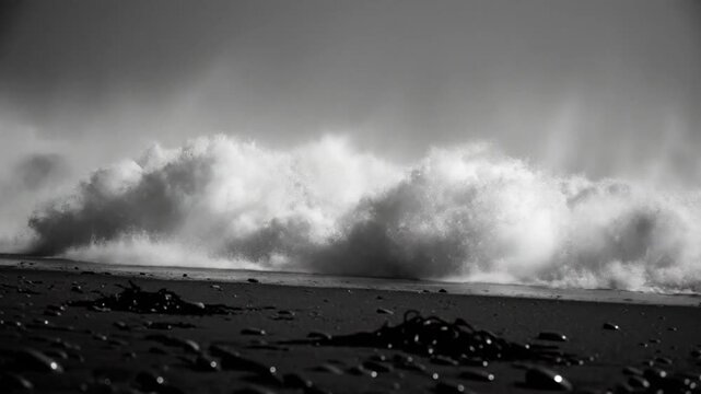 Black and white video of ocean wave crashing on shore creating beautiful sea foam