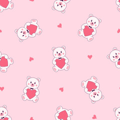 Obraz premium Seamless pattern with white bears holding pink hearts. Romantic vector background for baby and love design.