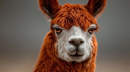Fototapeta premium Close-up of a reddish-brown alpaca with soft, thick fur. Its face is calm, eyes gentle, and ears alert. Neutral expression suggests quiet contemplation. Ideal for nature, wildlife