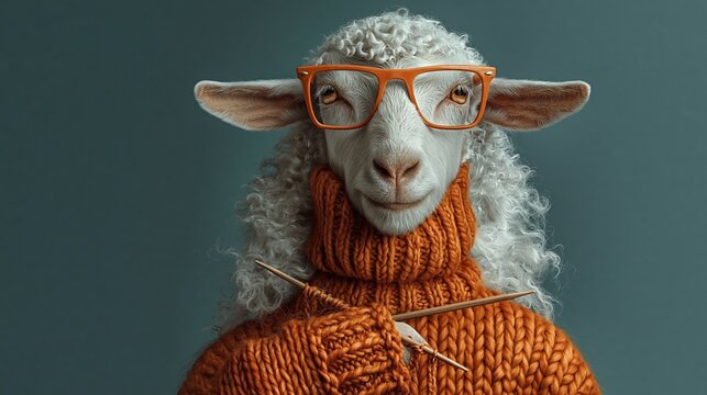 Curly white sheep wears orange glasses. Knitted sweater hugs its woolly body. Needles rest gently on its chest. Soft expression conveys calm intelligence. Stunning studio backdrop emphasizes focus