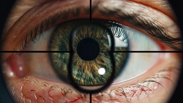 Close-up of a human eye with intricate details and reflections, showcasing stunning colors and textures
