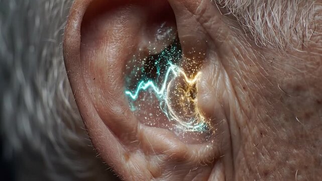 Close-up view of an elderly ear with colorful sound waves and vibrations visualized inside the ear canal, illustrating auditory perception