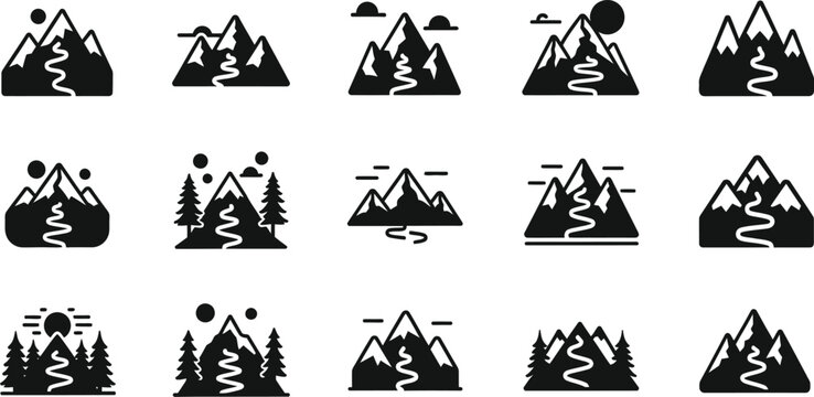A set of minimalist mountain icons with trees and sun in a flat design style
