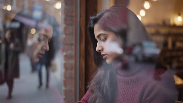A contemplative young woman gazes through a cafe window while reflecting on her thoughts, illuminated by warm indoor lights