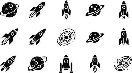Obraz premium A set of black and white vector space icons featuring rockets and planets in a minimalist flat design style