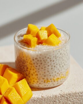 Simple tapioca pudding topped with fresh mango cubes served in a clear glass on a light stone surface with soft shadows and a neutral background