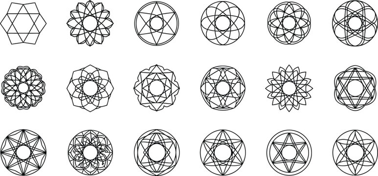 A collection of intricate geometric mandala designs in a minimalist line art style