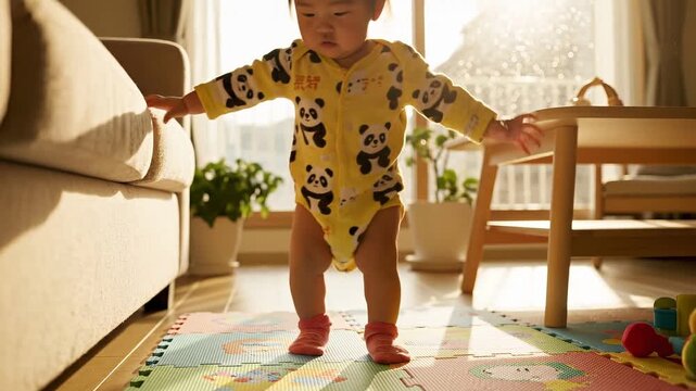 A young child is practicing standing and balancing while using a couch for support in a sunlit room with colorful playmat and indoor plants