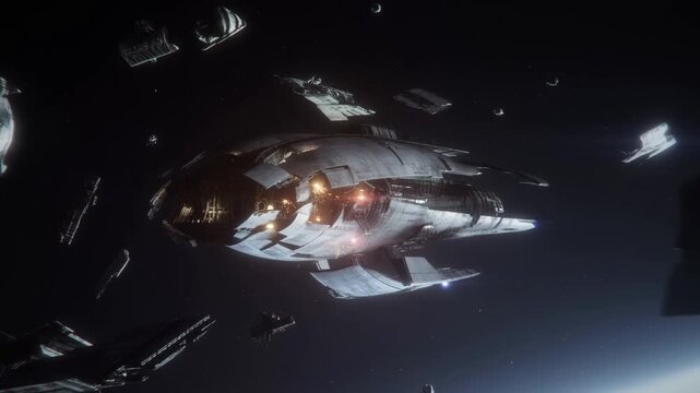 Tracking shot of large spaceship drifting through debris field in low orbit above planet with glowing engine lights and scattered derelict vessels