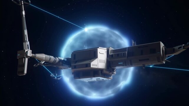 Tracking shot of cargo spacecraft passing glowing blue energy sphere in outer space orbit with tethered beams and rotating module