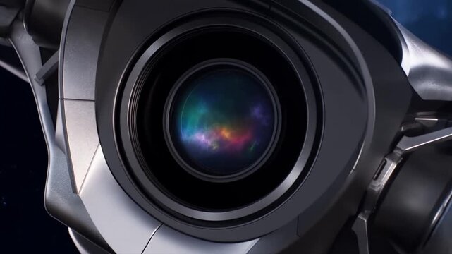 Slow zoom in of robotic camera lens focusing on iridescent nebula reflection inside dark studio housing