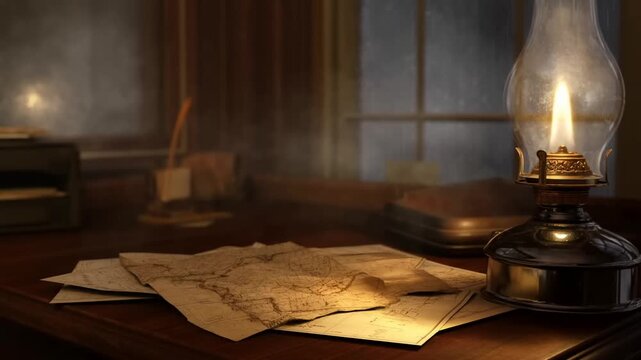 Slow dolly in close up of oil lamp and old maps resting on wooden desk in vintage study at dusk