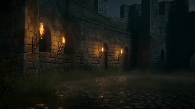 Panning shot of medieval stone wall with lit torches along wet cobble path outside castle at night