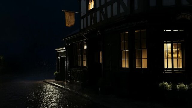 Slow pan tracking shot of pub building with lit windows reflecting on wet cobblestone street at night in historic town