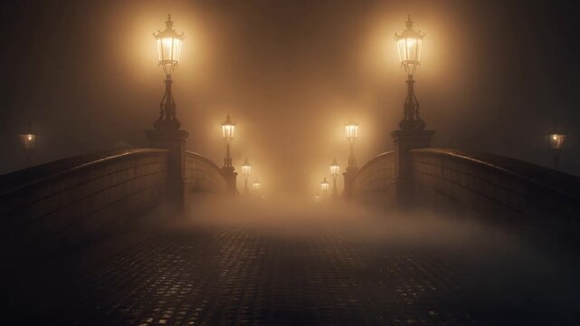 Tracking dolly forward slow motion shot of empty cobblestone bridge with glowing lampposts in foggy night city