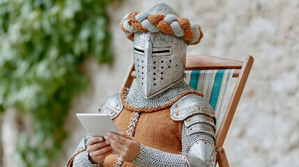 Obraz premium Knight in chainmail relaxes, holding tablet. He wears a braided helmet, seated in a chair. Green foliage frames the background. Bright sunlight illuminates the scene