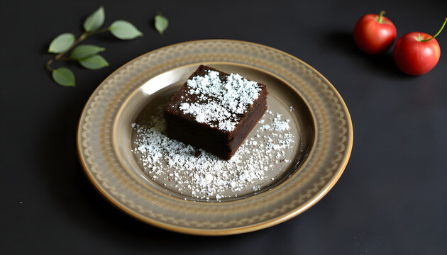 Plate with homemade gluten and sugar free brownie made with teff flour, craft clay. White tone