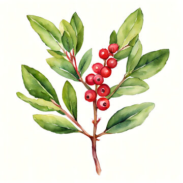 Bearberry Branch Watercolor Illustration Isolated on White