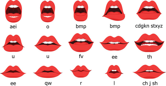 Red Lip Mouth Phoneme and Lip Sync Chart Set with Various Positions for Animation, Speech, and Character Design Projects