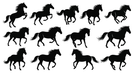 Collection of running horses in various poses a striking black silhouette © Digonto