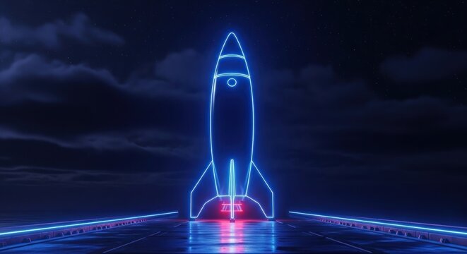 A sleek rocket ship blasts off into the night sky with vibrant blue neon lights.