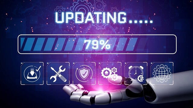 Futuristic Robotic Hand Displaying Progress Bar for System Update with Digital Background and Technology Icons Illustrating Modernization Efforts Sigmoid