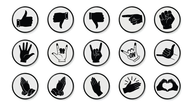 Various hand gestures displayed as black icons in circular frames silhouette