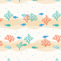 Fototapeta premium Seamless Ocean Fish Coral Pattern Marine Nursery Underwater Coastal Background