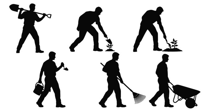 Gardeners performing various tasks with tools depicted in black silhouette