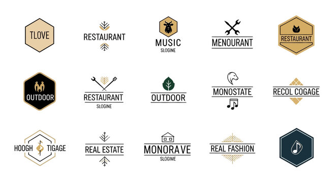 Collection of diverse hexagonal and rectangular logos with text and icons.