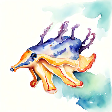 Chromodoris Nudibranch Watercolor Illustration Isolated on White