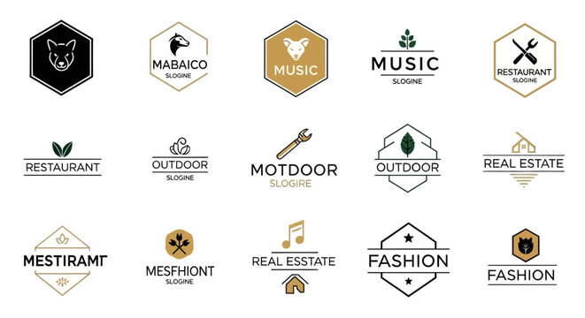 Collection of diverse hexagonal and rectangular logo designs.