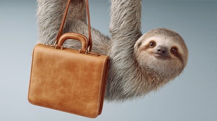 Fototapeta premium Sloth hangs upside down, holding a briefcase. Its eyes gaze gently toward the viewer. Soft fur contrasts with the tan leather case. The sloth seems calm, almost amused by the prop