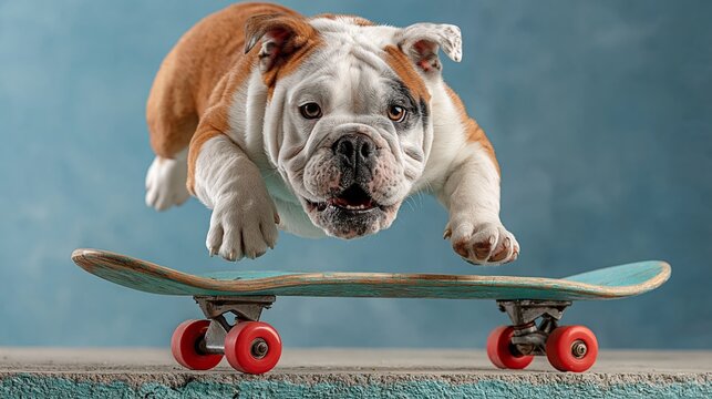 Bulldog leaps mid-air above a skateboard. Red wheels spin beneath its paws. Focused eyes stare at camera with determination. Playful energy fills the scene. Perfect for fun, sports