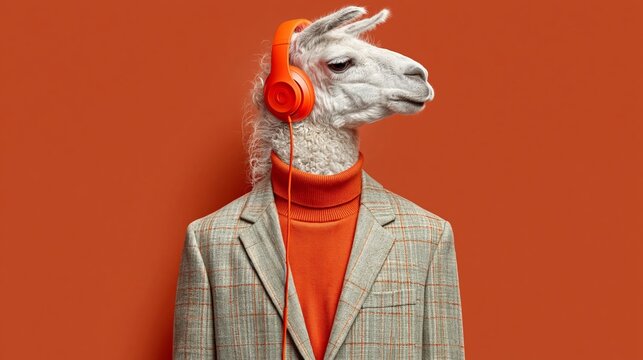 Llama wears headphones and a stylish coat. Orange turtleneck matches the vibrant background. The creature appears calm and focused. Perfect for modern, creative, or tech-themed projects