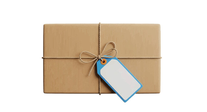 Vector illustration&nbsp;of brown paper parcel wrapped with twine and a blank blue gift tag on a transparent background