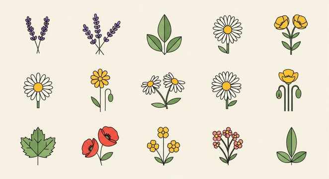 Collection of Botanical Illustrations of Various Flowers and Leaves.