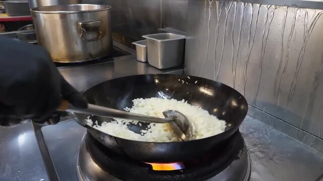 Close-up of a professional chef using a large wok and spatula to prepare a high-heat, authentic Asian fried rice dish on a gas stove. The rice is tossed vigorously over an open flame, capturing the dy