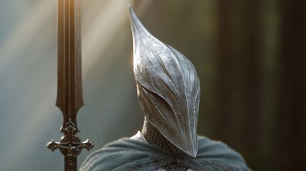 Obraz premium Silent warrior stands with blade in hand. Sunlight glows behind their armored head. Muted tones convey solemn strength. Shadows frame the figure's imposing stance. Ideal for fantasy, myth